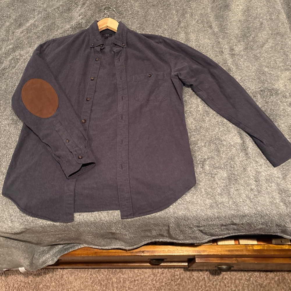 J. Crew Dark Blue Shirt with Brown Elbow Patch